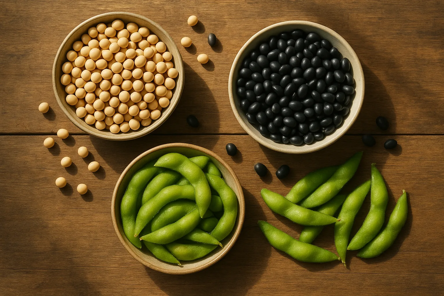 다양한 종류의 콩과 신선한 식재료들이 나무 테이블 위에 정갈하게 놓여 있습니다.
