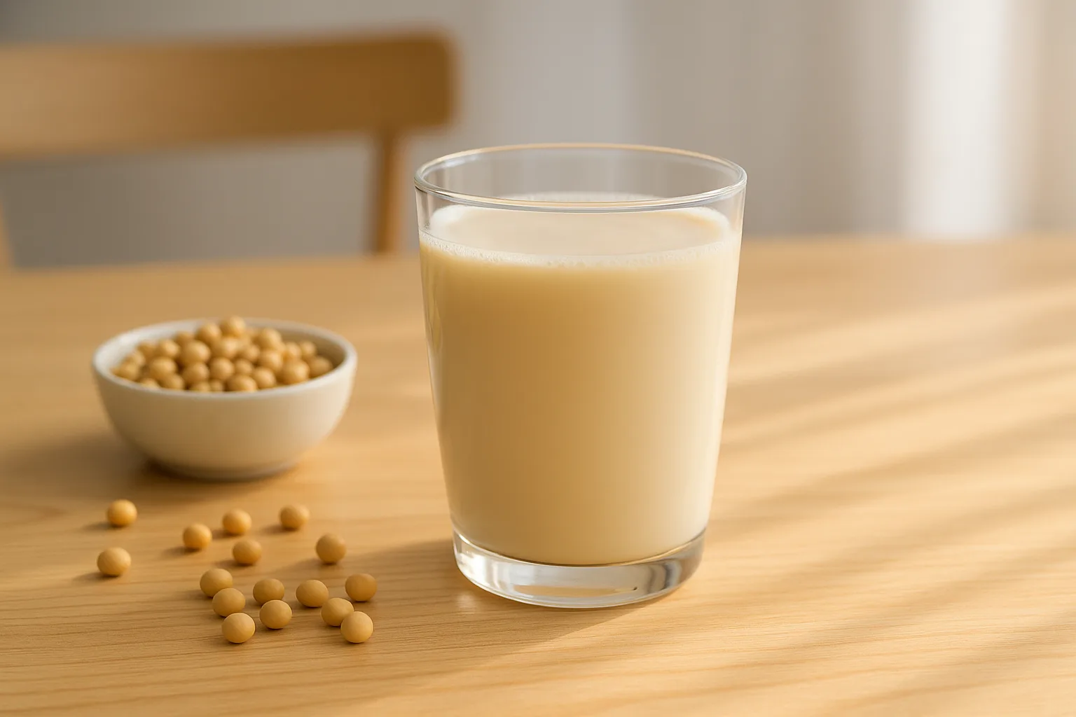 햇살이 비치는 아침 식탁 위에 놓인 신선한 콩물 한 잔의 모습입니다.