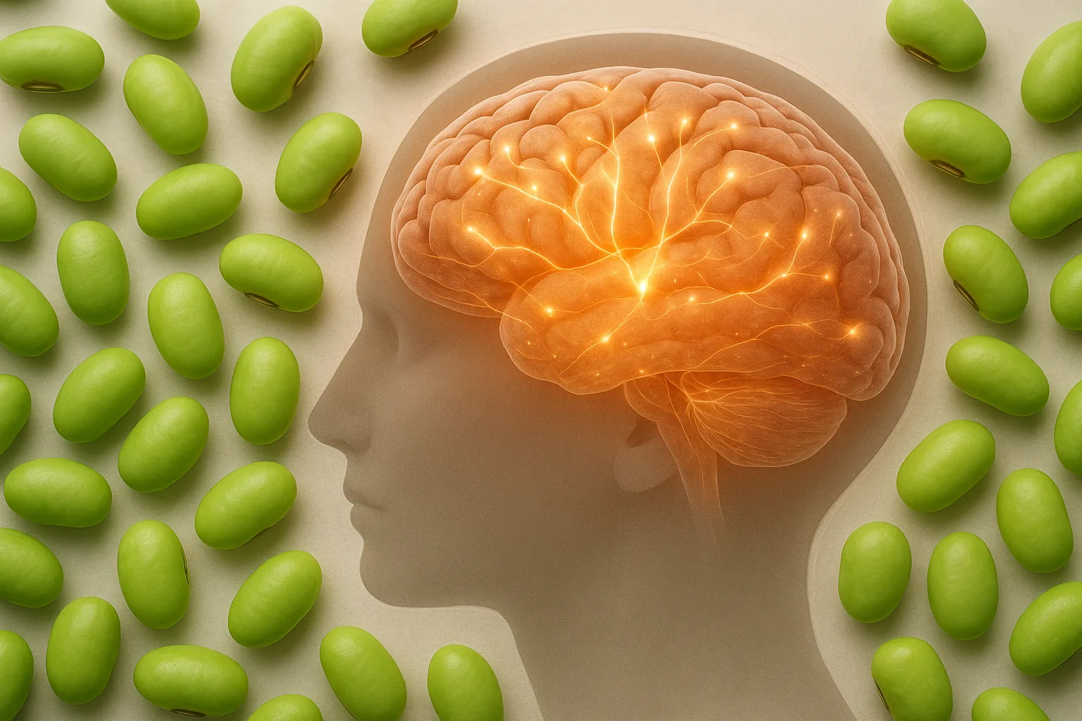 인간의 뇌 구조와 식물성 영양소가 결합된 두뇌 건강의 의학적 개념을 보여주는 그래픽입니다.
