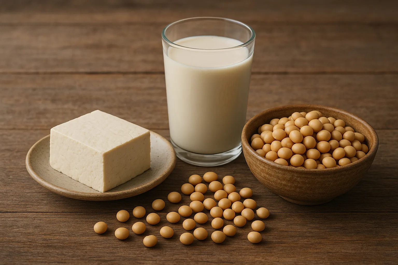 일일 섭취 권장량에 맞게 준비된 다양한 형태의 콩 식품들이 식탁 위에 놓여 있습니다.