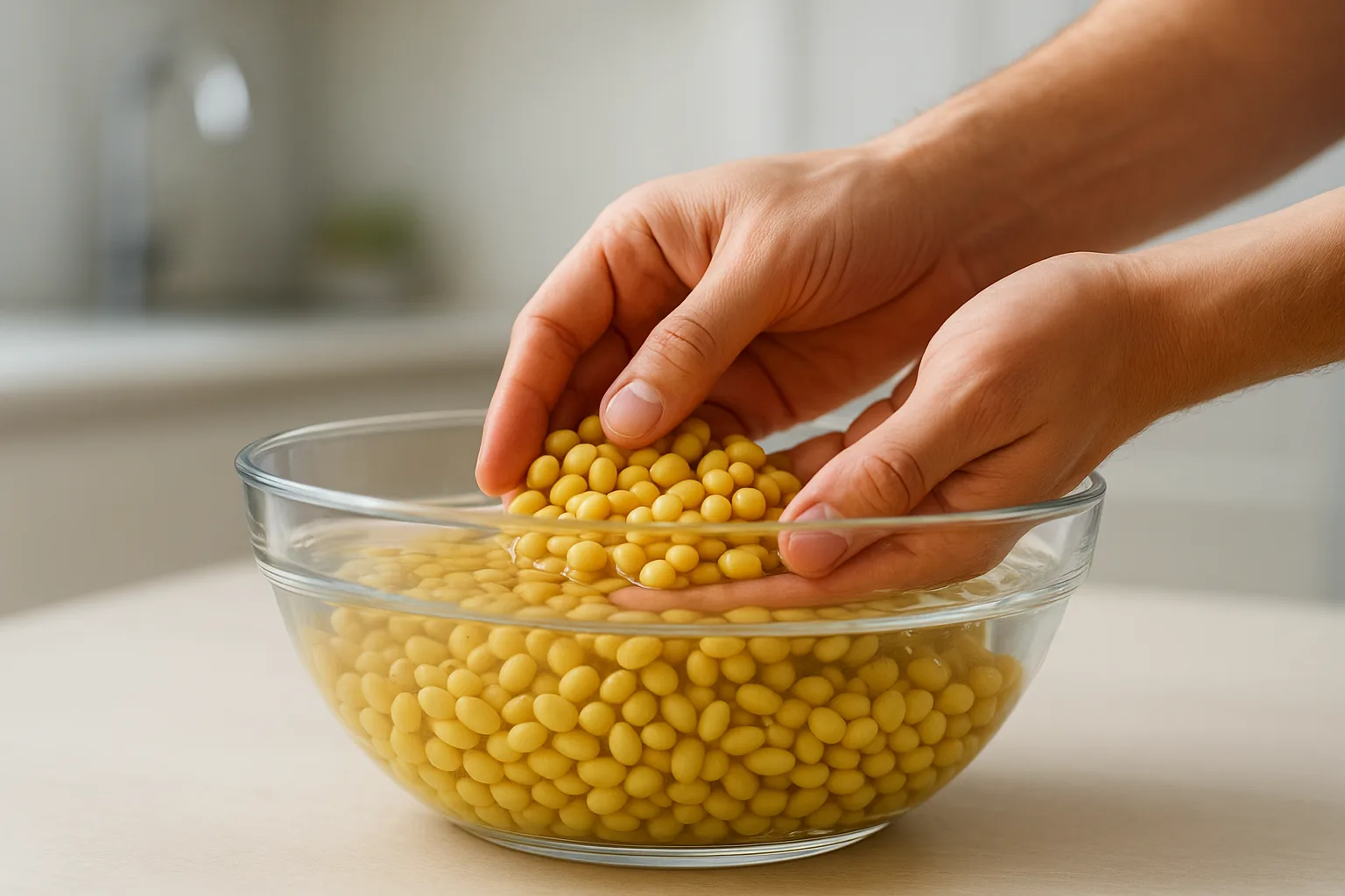 주방에서 신선한 콩을 물에 불리고 조리하여 건강한 식단을 준비하는 과정입니다.