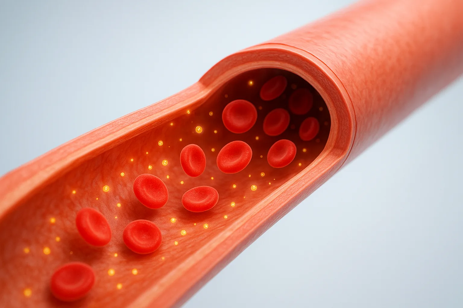 혈관 내부를 통과하며 혈관 벽의 탄력을 강화하는 콩 펩타이드 분자의 3D 일러스트