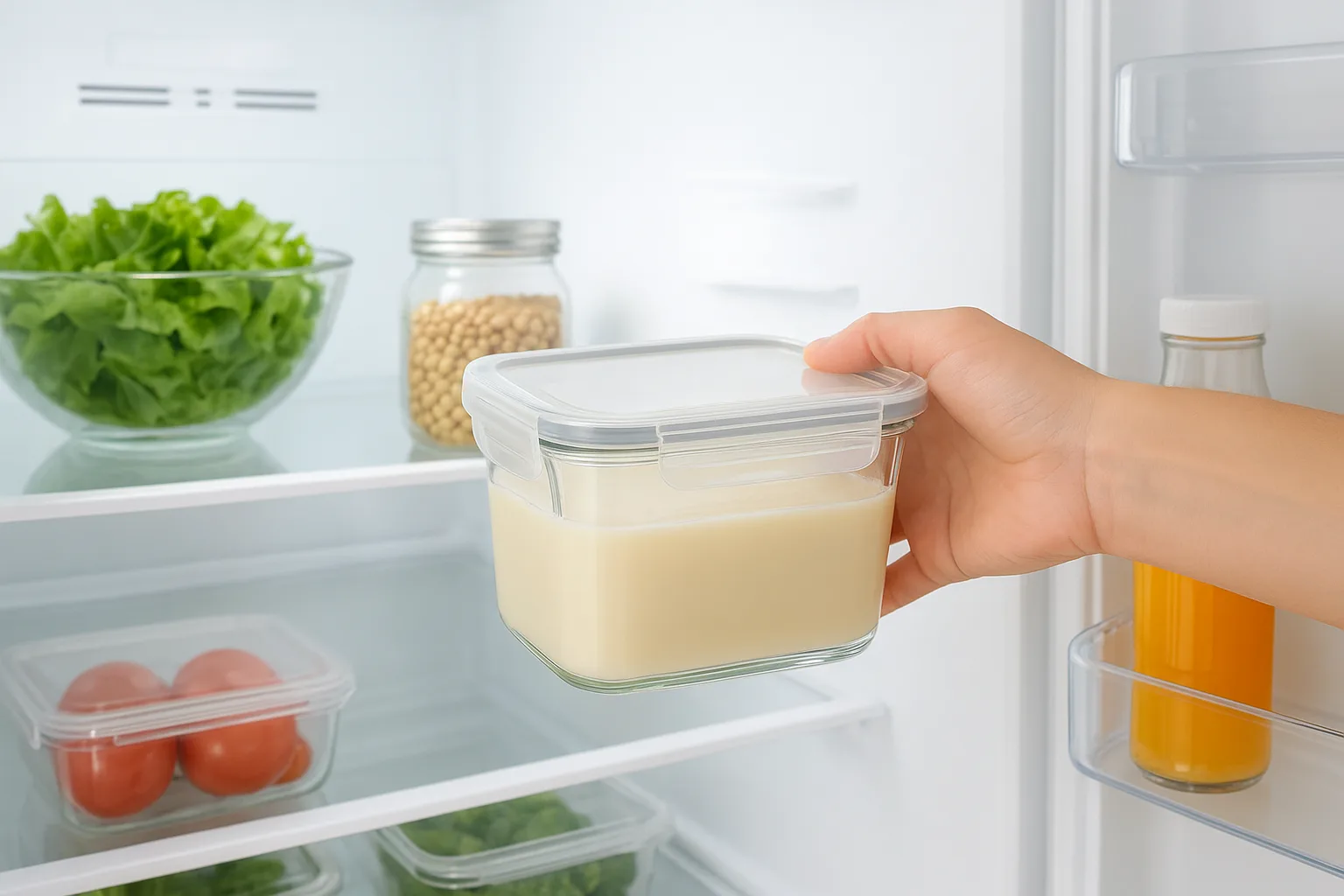 신선한 콩물을 유리 밀폐 용기에 담아 냉장고에 보관하는 모습입니다.