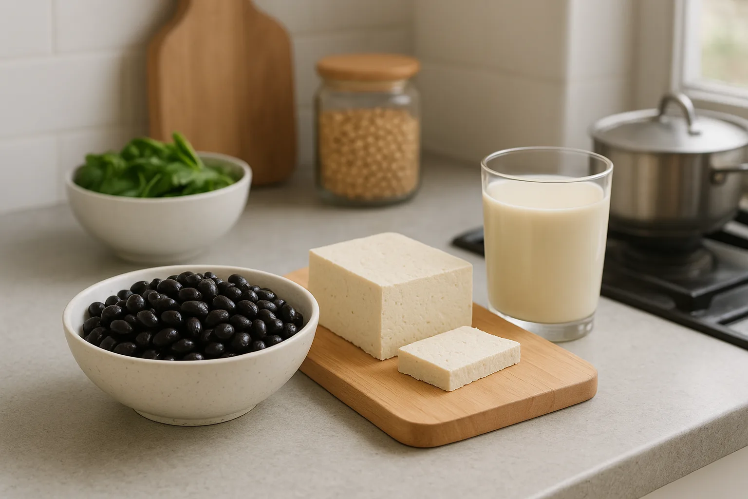주방 조리대 위에 검은콩, 두부, 무가당 두유 등 다양한 식재료가 정갈하게 놓여 있는 모습입니다.