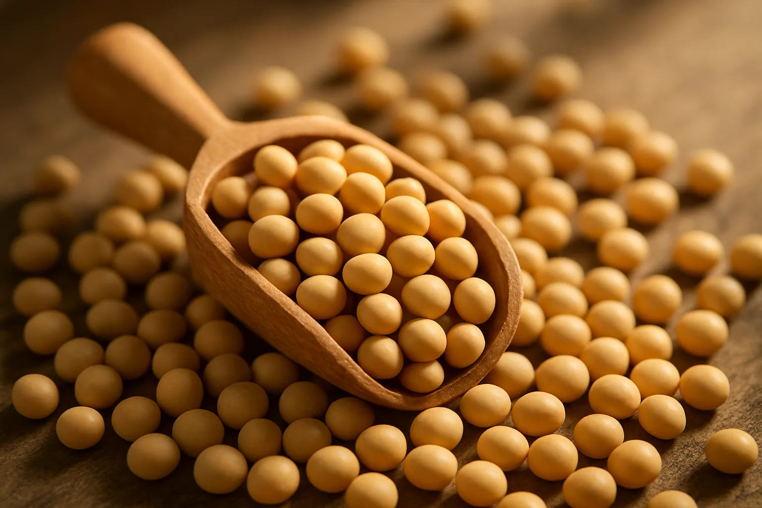 하루 권장 섭취량을 지키기 위해 노란 대두를 나무 계량컵으로 정밀하게 측정하는 모습입니다.