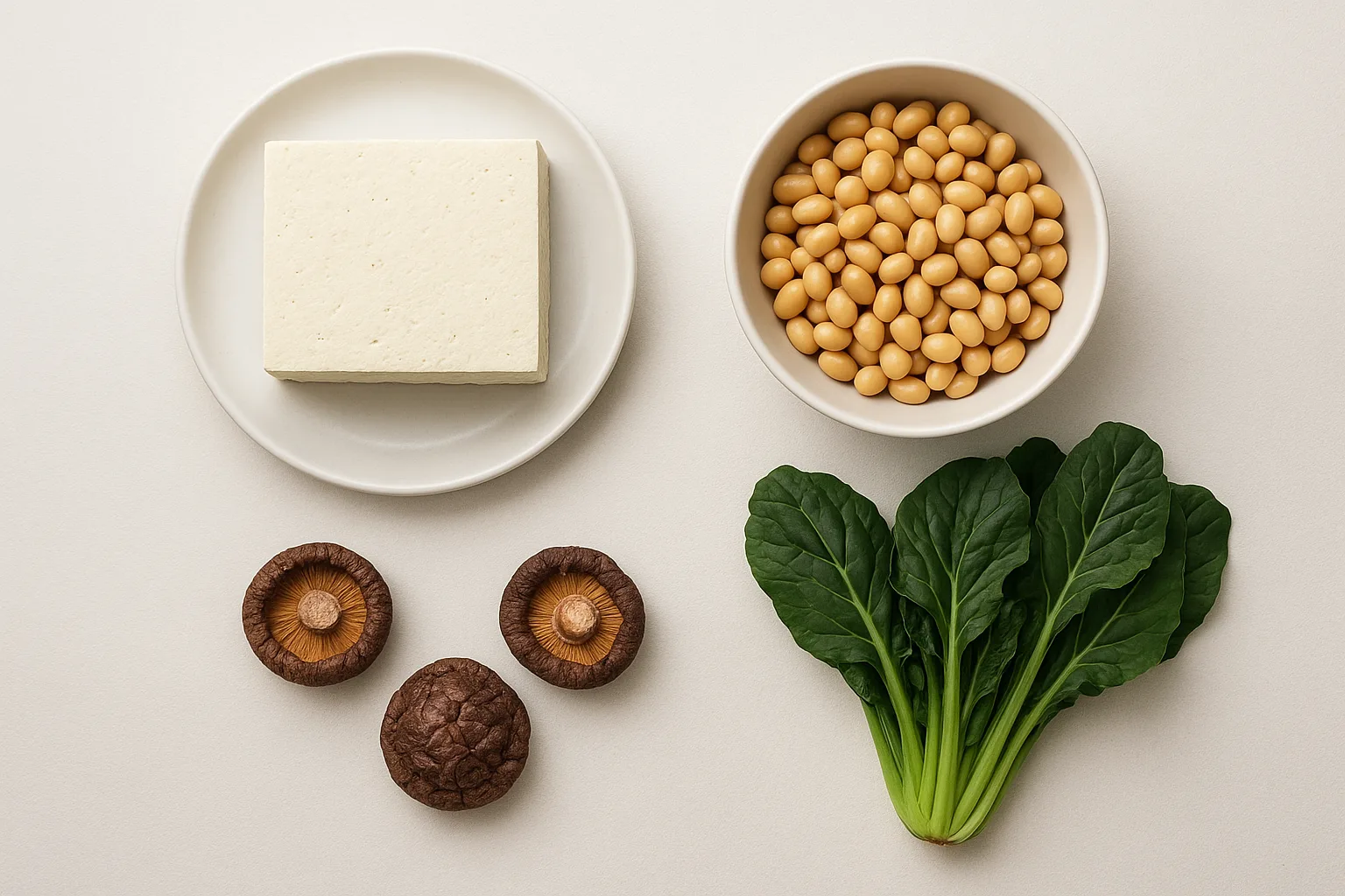 두부, 콩, 표고버섯, 채소 등 뼈 건강에 도움을 주는 재료들로 구성된 균형 잡힌 식단입니다.