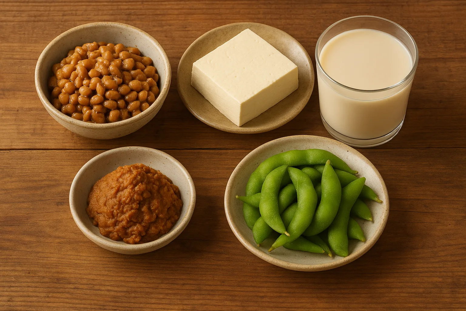 낫토와 청국장 두부 등 콩 펩타이드가 풍부한 다양한 대두 기반의 식재료들