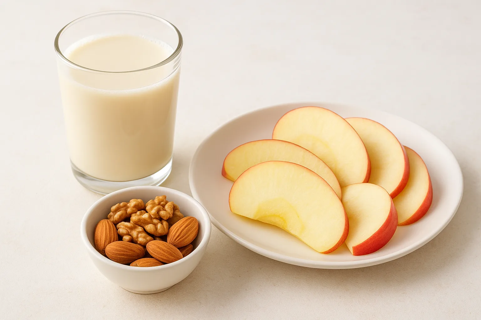 콩물과 다양한 견과류, 신선한 과일이 함께 차려진 건강한 아침 식단입니다.