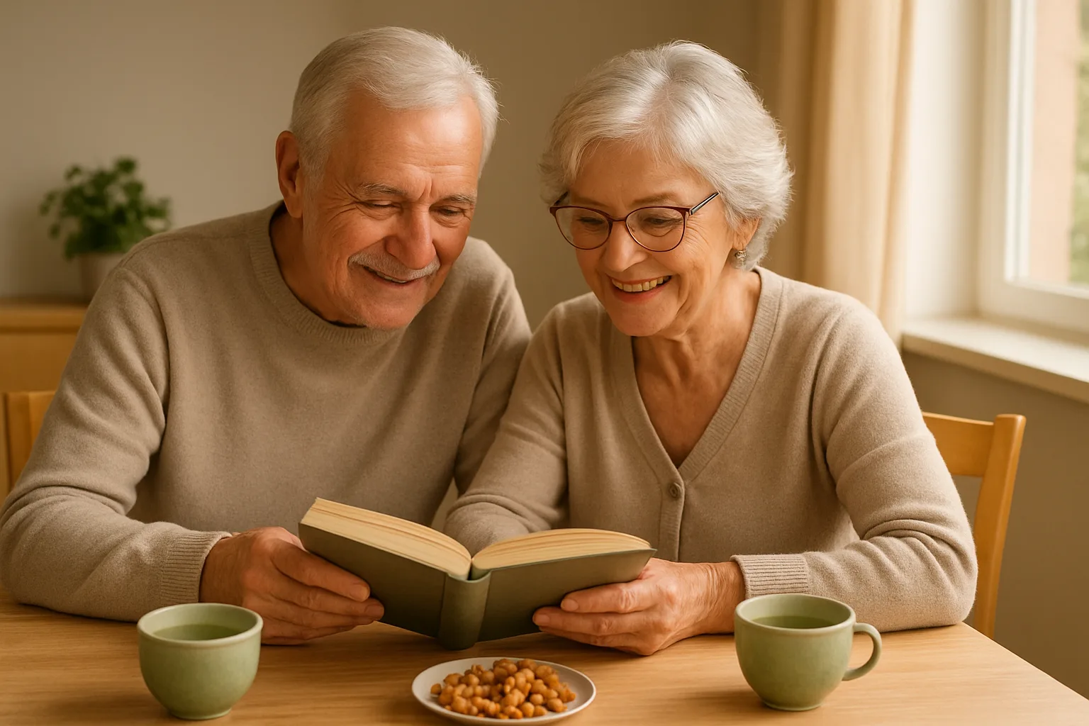 밝은 거실에서 독서를 즐기며 건강한 생활 습관을 실천하는 중장년 부부의 평화로운 모습입니다.