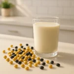 햇살이 비치는 밝은 테이블 위에 신선한 콩과 두유 한 잔이 놓여 있습니다.